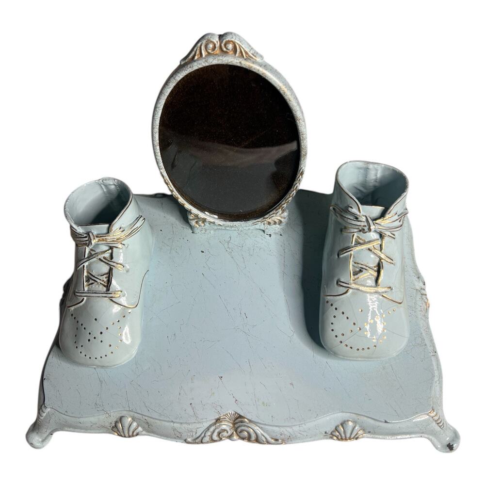 Bronzed Blue Baby Shoes Oval Picture Frame Convex Glass Holder Vintage Boy Blue